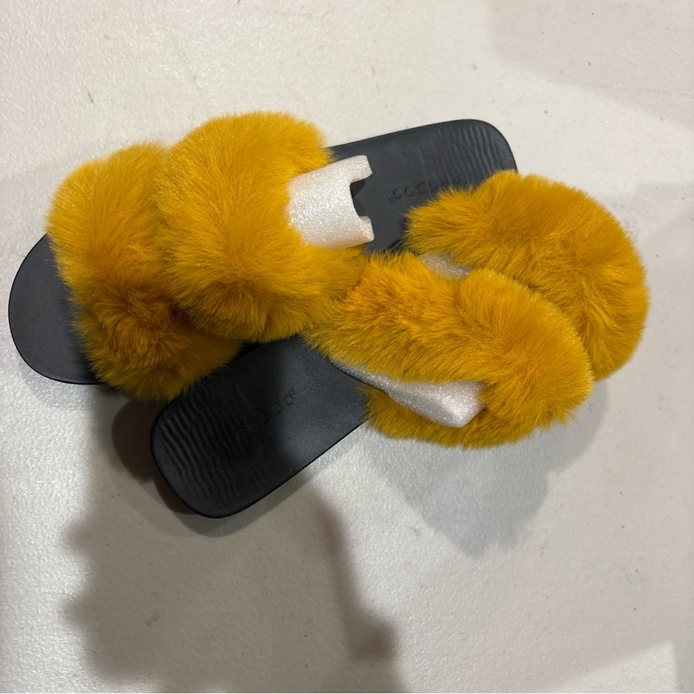 Fuzzy Mustard Yellow Slide Sandals
